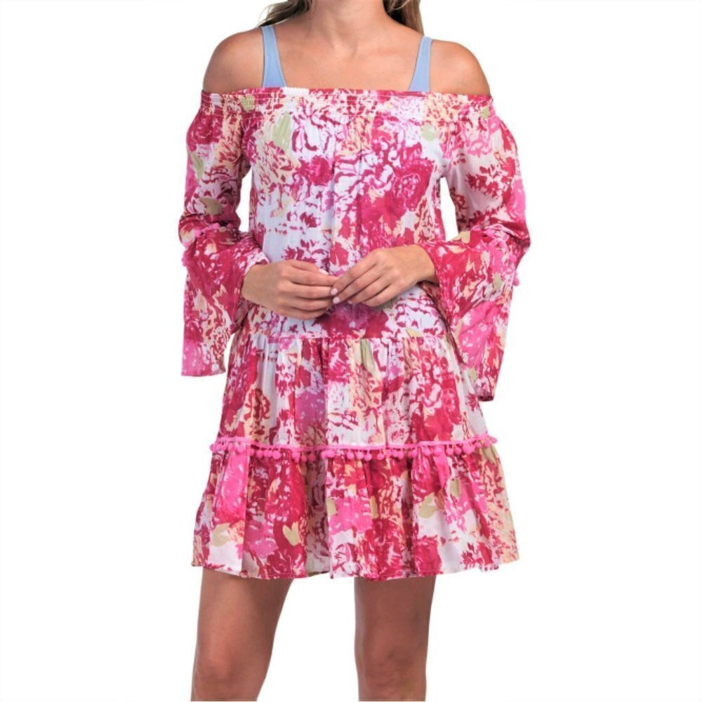 NWT Debbie Katz Talulah Off The Shoulder Ruffle Trim Mini Dress Swim Cover-up